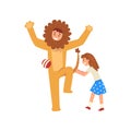 Happy Girl Having Fun with Animator in Lion Costume at Birthday Party, Entertainer in Festive Costume Performing Before