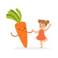 Happy girl having fun with fresh smiling carrot vegetable, healthy food for kids colorful characters vector Illustration