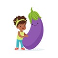 Happy girl having fun with fresh smiling eggplant vegetable, healthy food for kids colorful characters vector