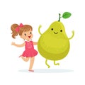 Happy girl having fun with fresh smiling pear fruit, healthy food for kids colorful characters vector Illustration