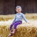 Happy girl having fun with hay on a farm Royalty Free Stock Photo