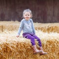 Happy girl having fun with hay on a farm Royalty Free Stock Photo