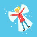 Happy girl having fun while making snow angel lying on a snow. Winter activity colorful character vector Illustration Royalty Free Stock Photo