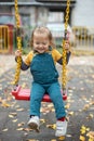 Happy little girl having fun on outdoor playground. Swinging on swing