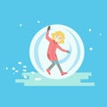 Happy girl having fun in a walking ball. Winter activity colorful character vector Illustration Royalty Free Stock Photo