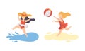 Happy Girl Having Vacation at Sea Splashing in Water and Playing Ball Vector Set Royalty Free Stock Photo