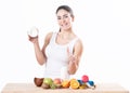 Happy girl and healthy vegetarian food, fruit Royalty Free Stock Photo