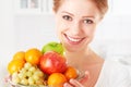 Happy girl and healthy vegetarian food, fruit Royalty Free Stock Photo