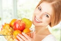 Happy girl and healthy vegetarian food, fruit Royalty Free Stock Photo