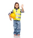 happy girl with helmet in safety vest and goggles Royalty Free Stock Photo