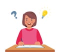 Happy girl with his laptop having a good idea. Elementary school pupil. Question mark and light bulb. A schoolgirl found a Royalty Free Stock Photo