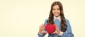 Happy girl hold big soft red heart isolated on white, heartbeat. Kid girl portrait with heart love symbol, horizontal Royalty Free Stock Photo