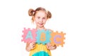 Happy girl holding alphabet letters ABC Royalty Free Stock Photo