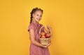 happy girl holding apples from garden. kid hold basket with fruit. child eating red apple. summer healthy food Royalty Free Stock Photo