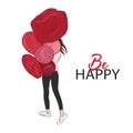Happy girl holding balloons. Be happy quote, vector illustration. Woman with veautiful air balloons summer magazine sketch.