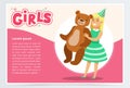 Happy girl holding big teddy bear, cute kid celebrating her birthday, girls banner flat vector element for website or Royalty Free Stock Photo