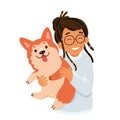 Happy girl holding dog with love, cute portrait of young woman and purebred corgi