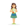 Happy girl holding her excellent report card cartoon vector Illustration Royalty Free Stock Photo