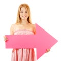 Happy girl holding pink arrow