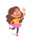 Happy girl holding pink ice cream to eat and enjoy, kid in summer dress jumping with fun Royalty Free Stock Photo