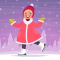 Happy girl ice skates on a skating rink in the background of a winter landscape. Vector illustration Royalty Free Stock Photo