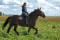 Girl in jeans rides a horse in a field in summer