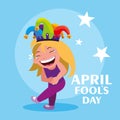 Happy girl with joker hat april fools day card Royalty Free Stock Photo