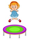 The happy girl is jumping on the trampoline with the cute expression