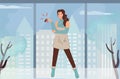 Happy girl with keys to a new apartment. Young woman entered into a mortgage. Female character on the background of