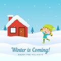 Happy girl kid jump at front of house in winter season background vector illustration. Holiday greeting card, banner, poster, Royalty Free Stock Photo