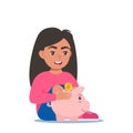 Happy girl kid putting a gold coin into a piggy bank. Money saving, economy. Vector illustration