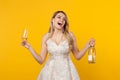 Happy girl laughing holding wine bottle Royalty Free Stock Photo