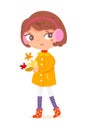 Happy girl with leaves in autumn. Child walking outdoor in coat and boots vector illustration. Little curious kid