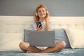 happy girl listening music on phone. music girl with phone. girl in headphones listen to music. Royalty Free Stock Photo