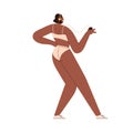 Happy girl listening to music in headphones. Young black woman in bikini dancing to song with mobile phone, enjoying