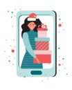 Happy girl with lots of gifts in the mobile app on smartphone. Festive new year and Christmas sales in online stores