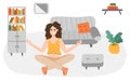 Happy girl in lotus pose practicing yoga at home. Woman meditates sitting with crossed legs. Cartoon concept of meditation, Royalty Free Stock Photo