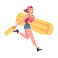 Happy girl with luggage and inflatable mattress running to airport. Rushing tourist going on summer vacation cartoon