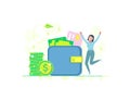 Happy girl makes money, coins, wallet. Concept of income, savings and investment