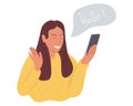 A happy girl makes a video call on the phone and greets her interlocutor. Vector illustration