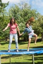 Happy girl and mother jumping high on trampoline in park
