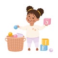 Happy Girl Near Basket with Toy Blocks and Ball Playing and Having Fun Vector Illustration Royalty Free Stock Photo