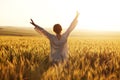 Happy girl with open arms walking in the rye field Royalty Free Stock Photo