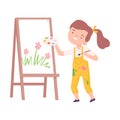 Happy Girl Painting on Canvas with Palette and Brush, Little Artist Character on Drawing on Easel with Paints Cartoon Royalty Free Stock Photo