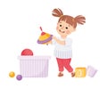 Happy Girl with Pegtop Playing Toys in Her Playroom Having Fun Vector Illustration Royalty Free Stock Photo