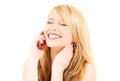 Happy girl with pink phone Royalty Free Stock Photo