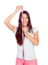 Happy girl with pink tape-measure Royalty Free Stock Photo