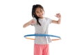 Happy girl playing hula hoop on white background. Royalty Free Stock Photo