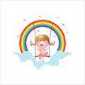 Happy girl playing the swing on rainbow Royalty Free Stock Photo