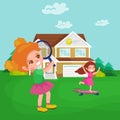 Happy girl playing tennis, kids sport, childrens activity vector illustration